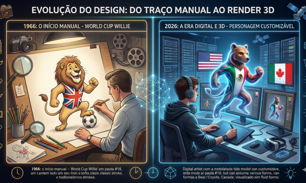 Em uma tela dividida, um designer cria à mão os traços do mascote Willie (Copa de 1966), enquanto no outro lado o designer de 2026 cria os mascotes de forma totalmente digital