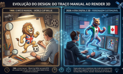 Em uma tela dividida, um designer cria à mão os traços do mascote Willie (Copa de 1966), enquanto no outro lado o designer de 2026 cria os mascotes de forma totalmente digital