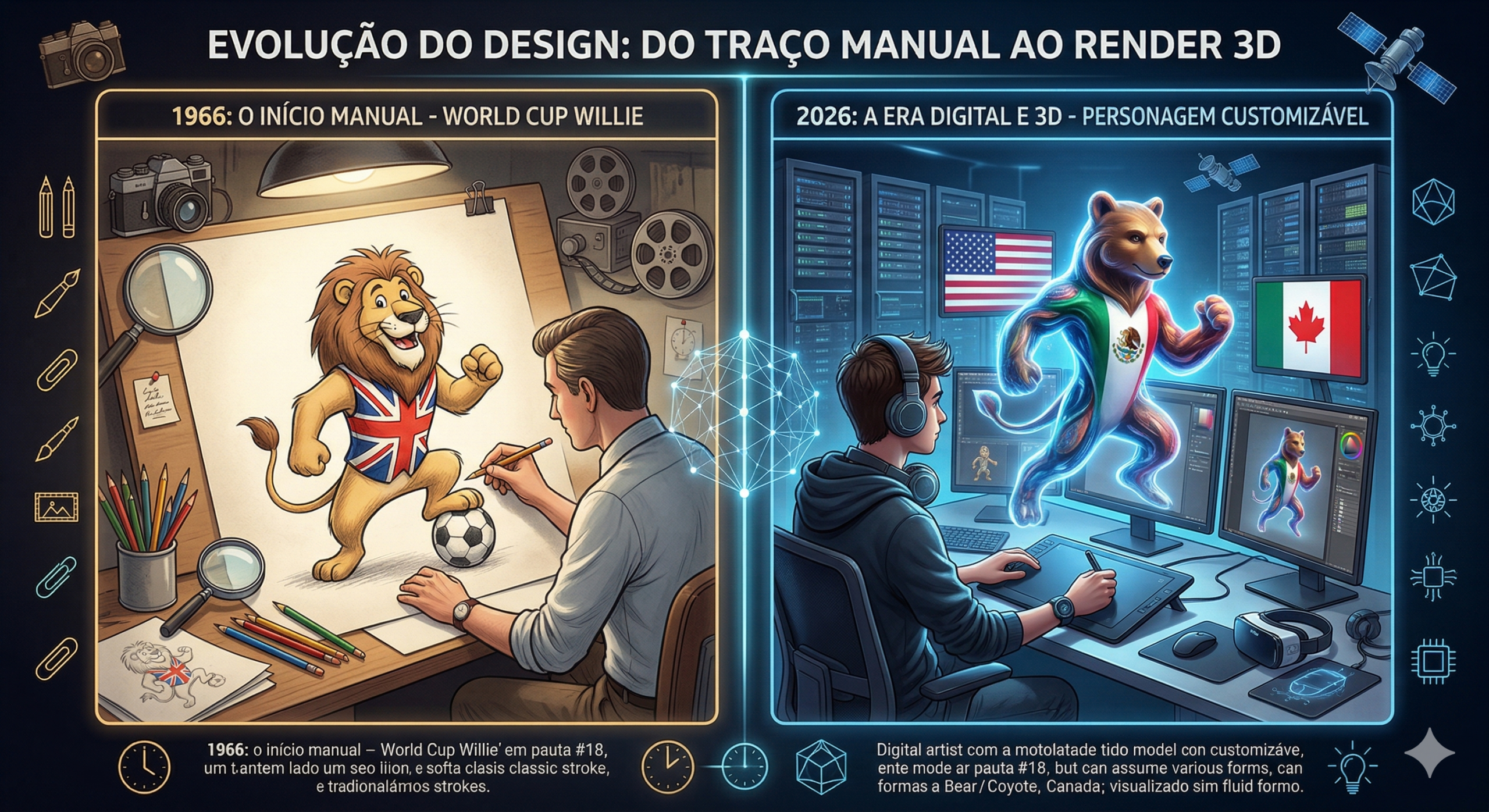 Em uma tela dividida, um designer cria à mão os traços do mascote Willie (Copa de 1966), enquanto no outro lado o designer de 2026 cria os mascotes de forma totalmente digital