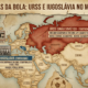 Mapa-mundi atual com as localizações da União Soviética e da Iugoslávia sobrepostas
