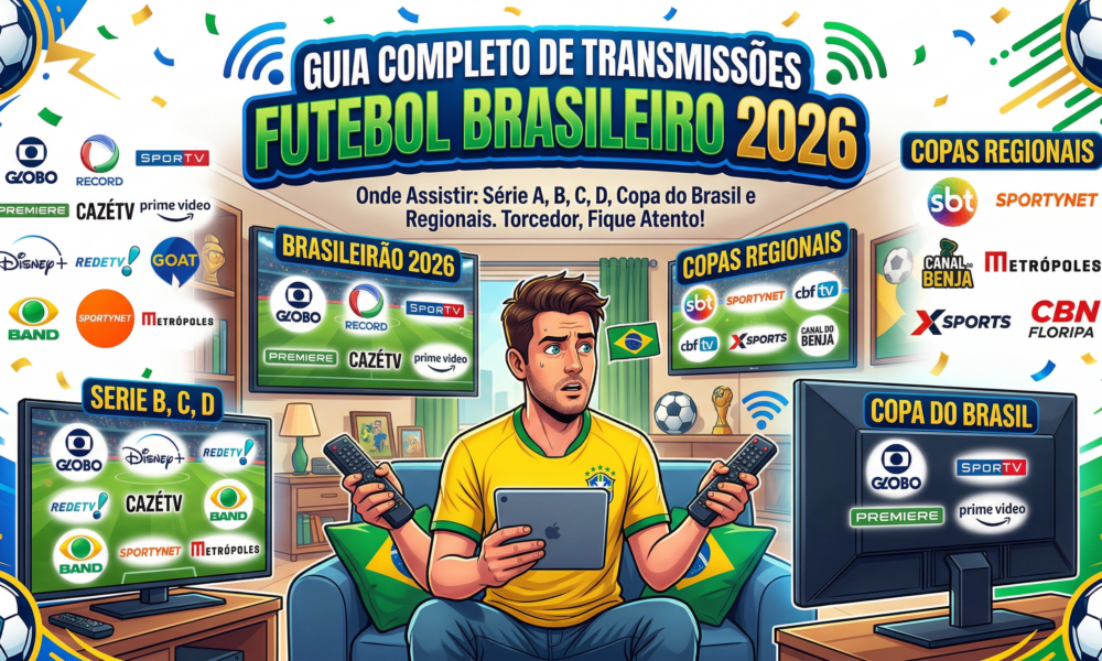 Infográfico ou imagem ilustrativa com logos de canais de TV e streaming sobre um campo de futebol, indicando as transmissões de 2026.