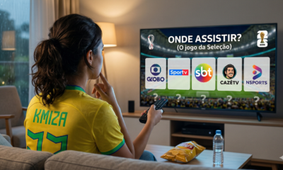 Torcedora brasileira no sofá diante da tela da TV em dúvida sobre onde assistir o jogo do Brasil na Cpa do Mundo 2026
