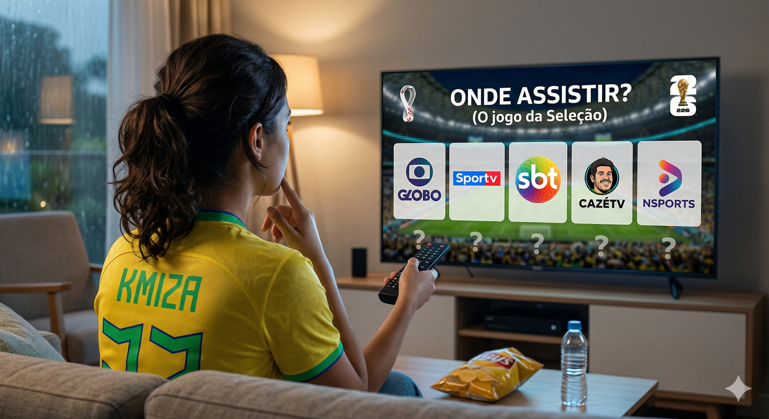 Torcedora brasileira no sofá diante da tela da TV em dúvida sobre onde assistir o jogo do Brasil na Cpa do Mundo 2026