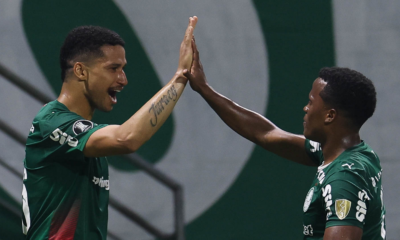 Zagueiro Murilo comemorando gol do Palmeiras na Libertadores 2026