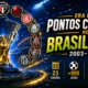 Imagem promocional sobre a era dos pontos corridos do Brasileirão entre 2003 e 2025. Ao centro aparece o troféu do Campeonato Brasileiro com fundo de estádio iluminado e mapa do Brasil. Em volta estão escudos de clubes como Flamengo, Palmeiras, Corinthians, São Paulo, Grêmio, Internacional, Cruzeiro, Vasco, Botafogo, Atlético-MG, Fluminense, Santos e Athletico-PR. Na parte inferior, estatísticas destacam 23 edições, mais de 900 jogos, 45 clubes e 12 equipes acima de mil pontos.