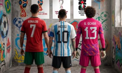 Montagem com Cristiano Ronaldo, Lionel Messi e o goleiro mexicano Ochoa, que vão quebrar a marca de seis Copas consecutivas em 2026.