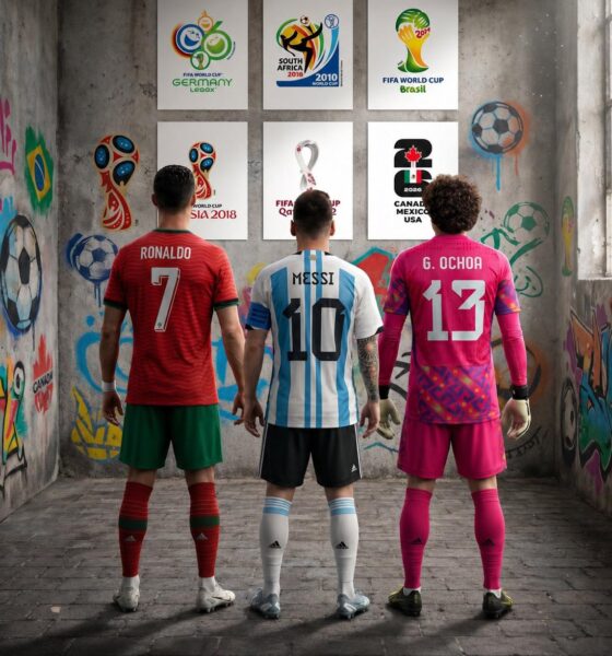 Montagem com Cristiano Ronaldo, Lionel Messi e o goleiro mexicano Ochoa, que vão quebrar a marca de seis Copas consecutivas em 2026.