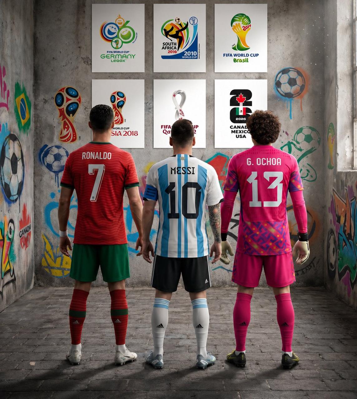 Montagem com Cristiano Ronaldo, Lionel Messi e o goleiro mexicano Ochoa, que vão quebrar a marca de seis Copas consecutivas em 2026.