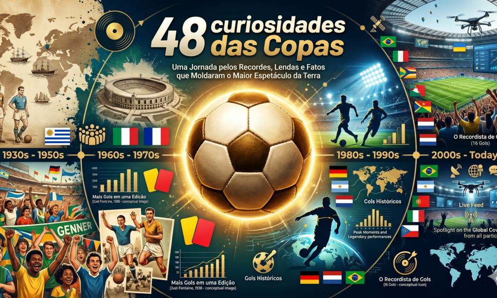 Arte destacando elementos históricos das Copas do Mundo para ilustrar 48 curiosidades da história dos Mundiais.