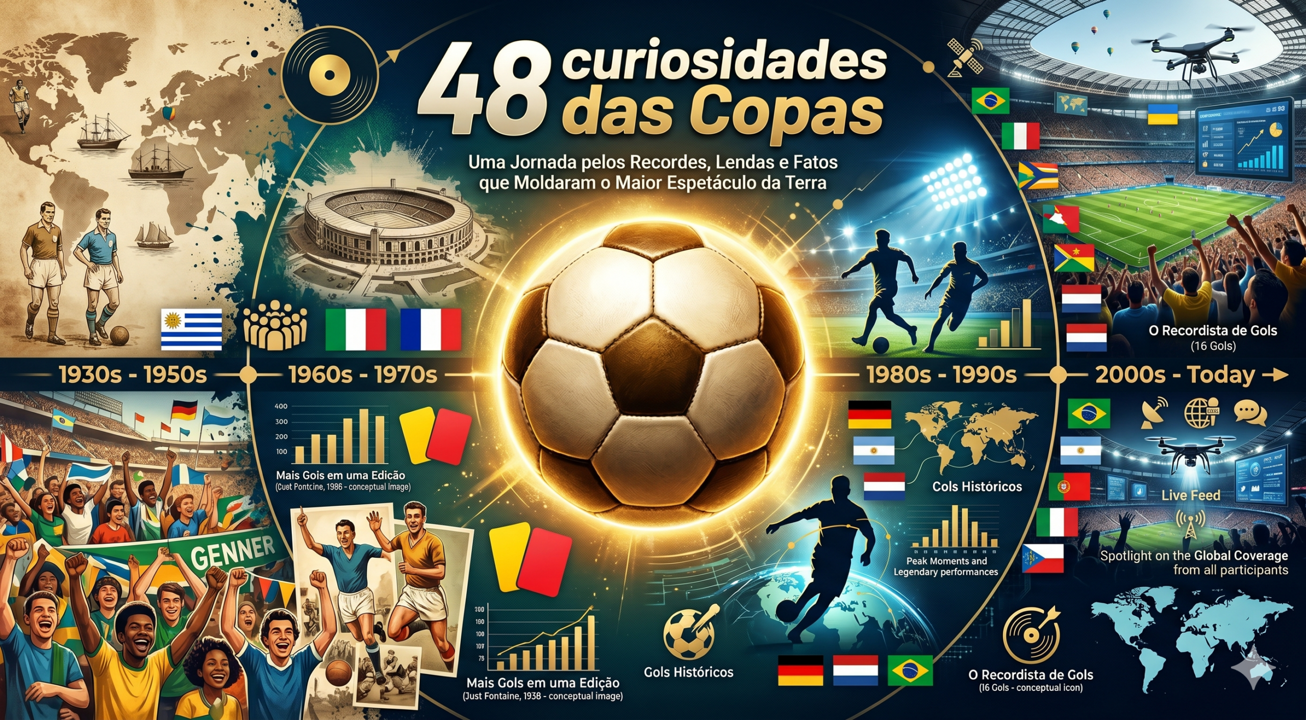Arte destacando elementos históricos das Copas do Mundo para ilustrar 48 curiosidades da história dos Mundiais.