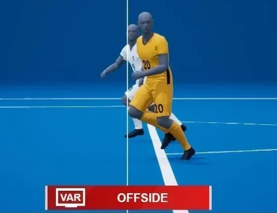 Ilustração digital em 3D mostrando a linha virtual de impedimento gerada automaticamente pelo sistema da FIFA sobre o corpo do jogador.