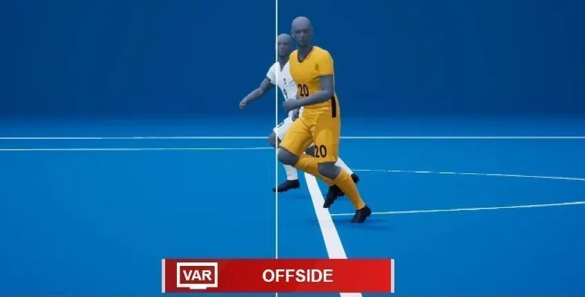 Ilustração digital em 3D mostrando a linha virtual de impedimento gerada automaticamente pelo sistema da FIFA sobre o corpo do jogador.